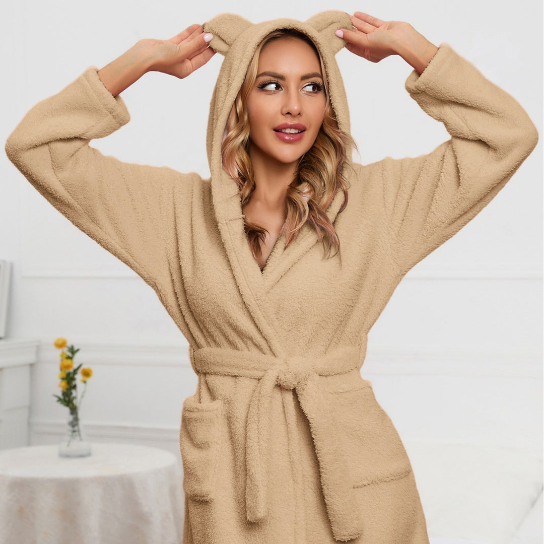 Damer Mysig Fleece-Morgonrock med Hoodie och praktiska fickor Mirla-Eva Jonsson