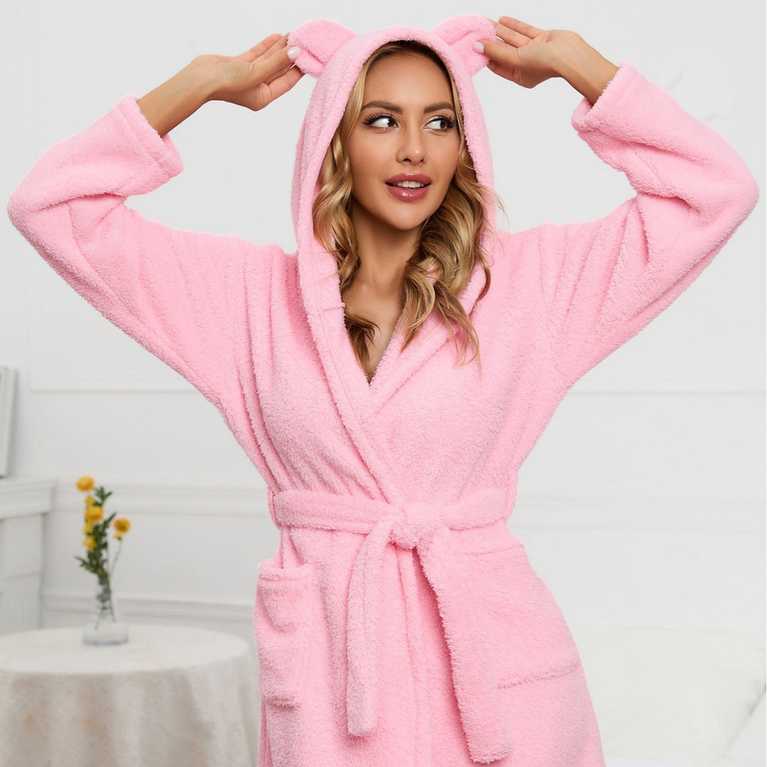 Damer Mysig Fleece-Morgonrock med Hoodie och praktiska fickor Mirla-Eva Jonsson