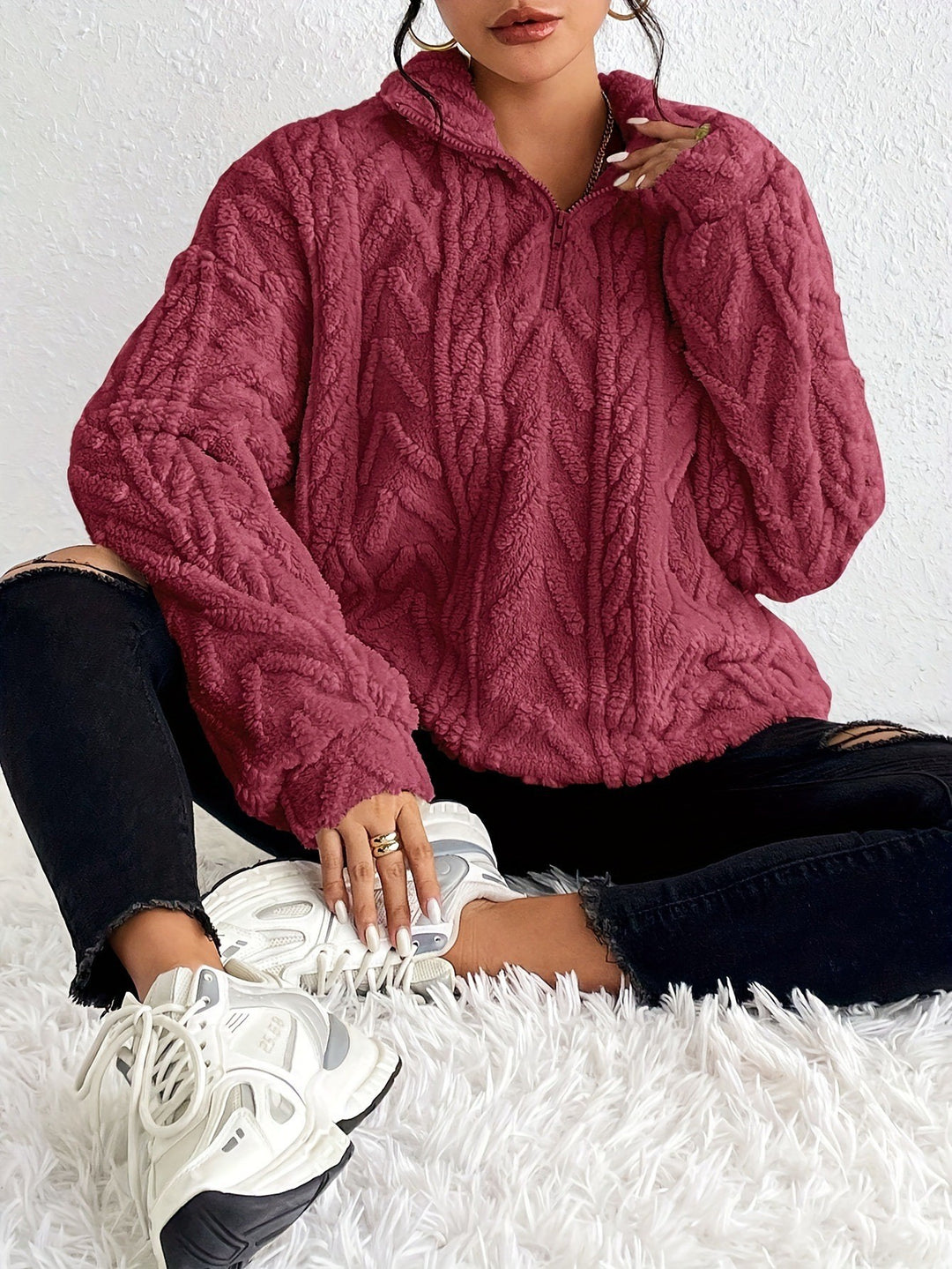 Damer Mysig Fleece-Tröja med Hög Krage och Zip-Detail Mirla-Eva Jonsson