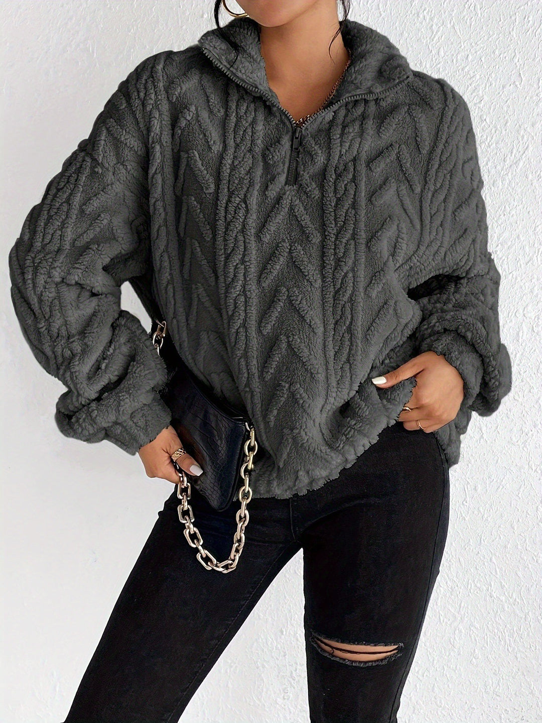 Damer Mysig Fleece-Tröja med Hög Krage och Zip-Detail Mirla-Eva Jonsson