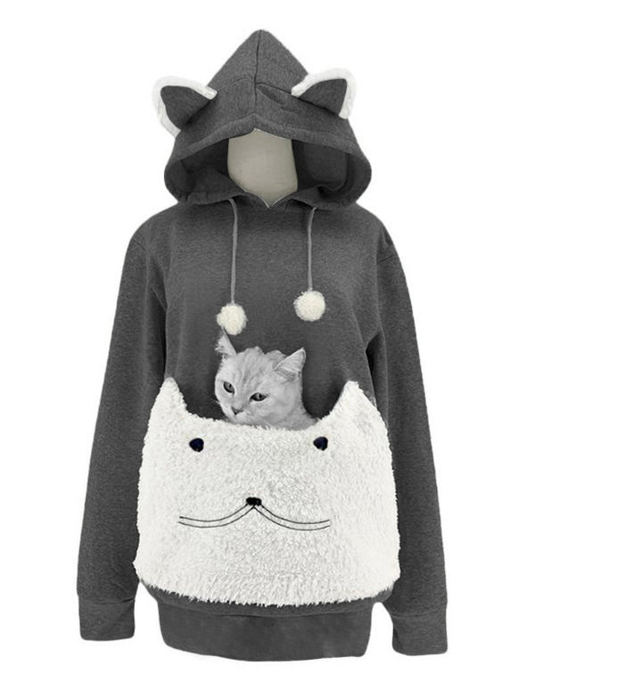 Damer Mysig Hoodie med kattmotiv och praktisk kenguruficka Eva Jonsson-Eva Jonsson