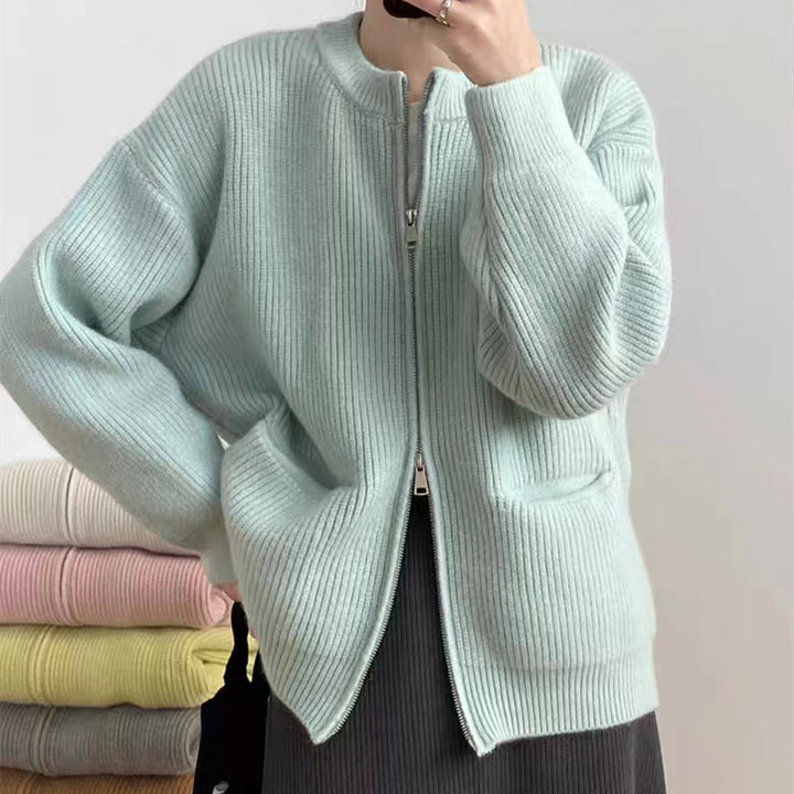 Damer Mysig Stickad Cardigan med Dragkedja och Bekväm Passform Eva Jonsson-Eva Jonsson