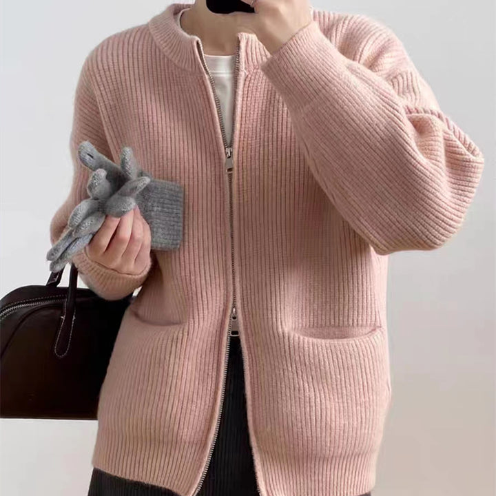 Damer Mysig Stickad Cardigan med Dragkedja och Bekväm Passform Eva Jonsson-Eva Jonsson