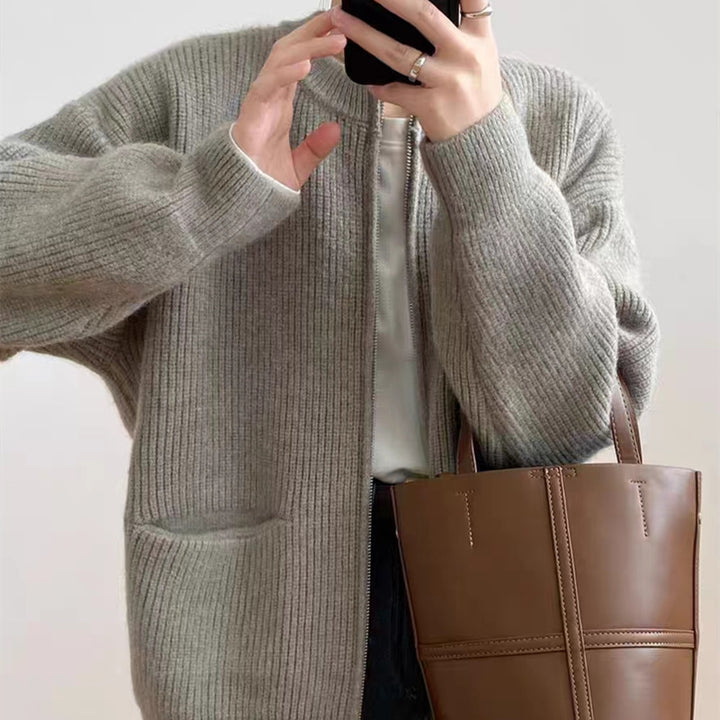 Damer Mysig Stickad Cardigan med Dragkedja och Bekväm Passform Eva Jonsson-Eva Jonsson