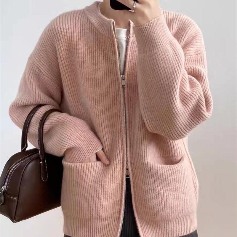 Damer Mysig Stickad Cardigan med Dragkedja och Bekväm Passform Eva Jonsson-Eva Jonsson