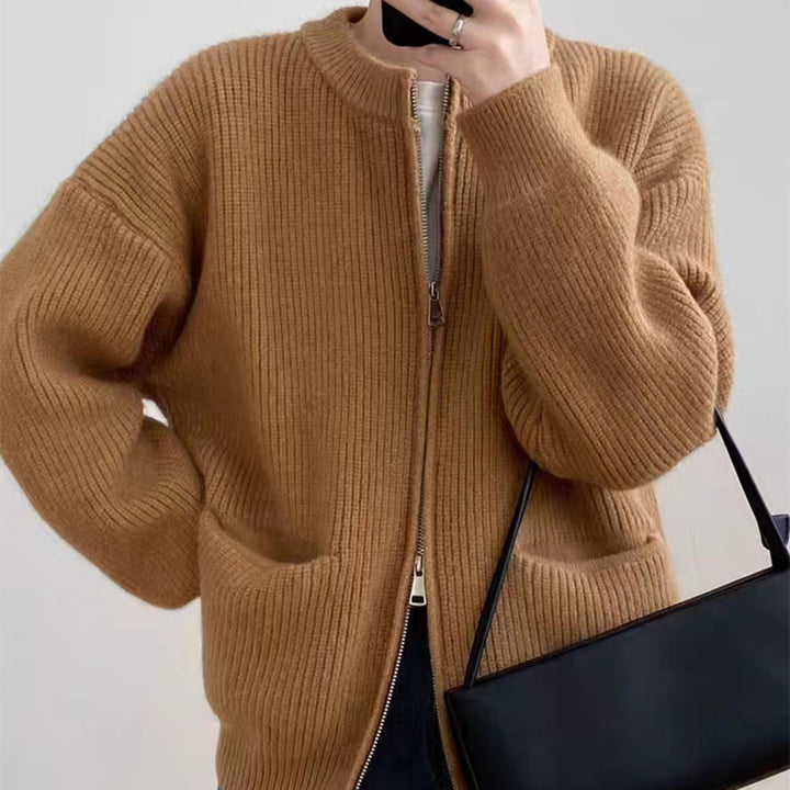 Damer Mysig Stickad Cardigan med Dragkedja och Bekväm Passform Eva Jonsson-Eva Jonsson