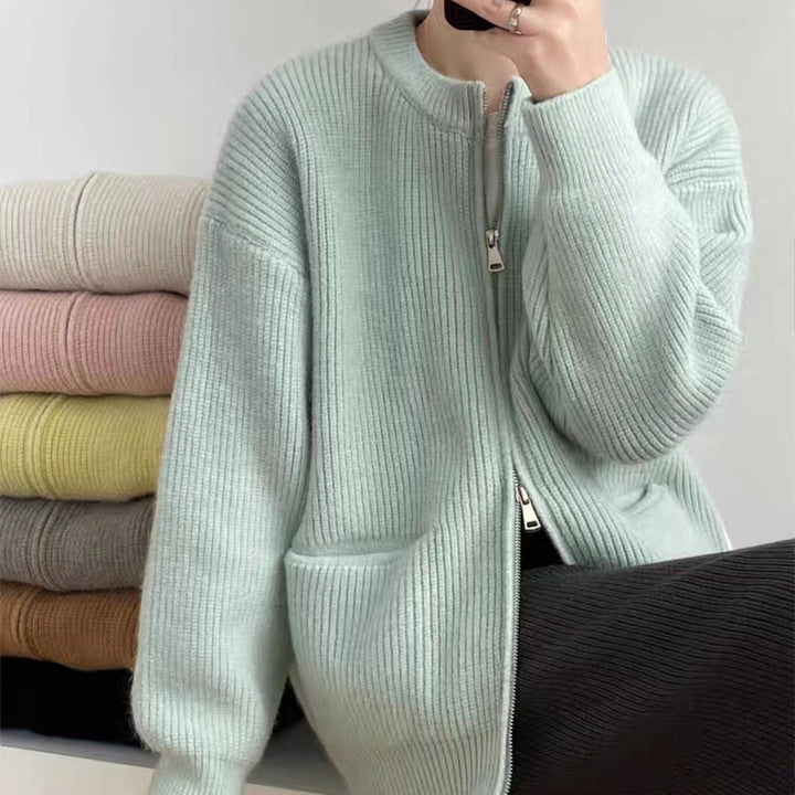 Damer Mysig Stickad Cardigan med Dragkedja och Bekväm Passform Eva Jonsson-Eva Jonsson