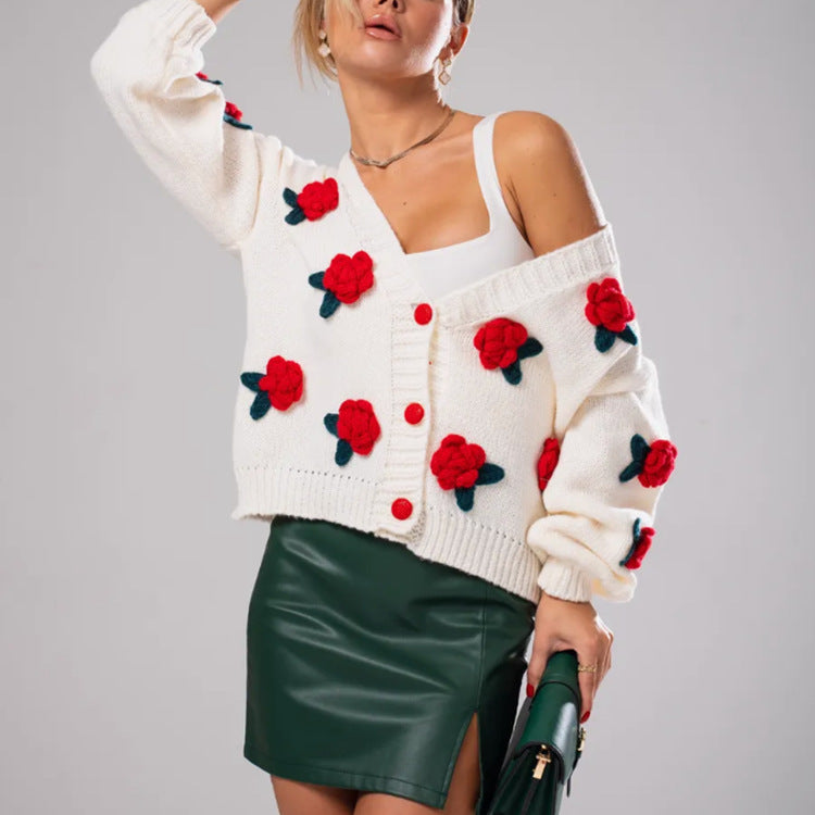 Damer Mysig Stickad Cardigan med Florala Applikationer och Oversized Snitt Eva Jonsson-Eva Jonsson