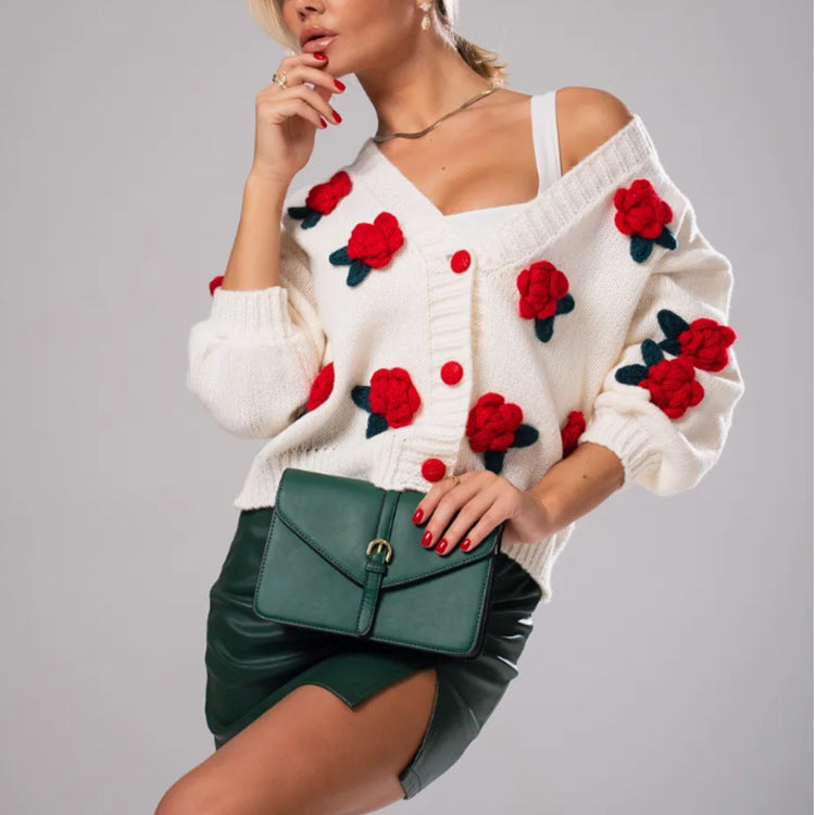 Damer Mysig Stickad Cardigan med Florala Applikationer och Oversized Snitt Eva Jonsson-Eva Jonsson