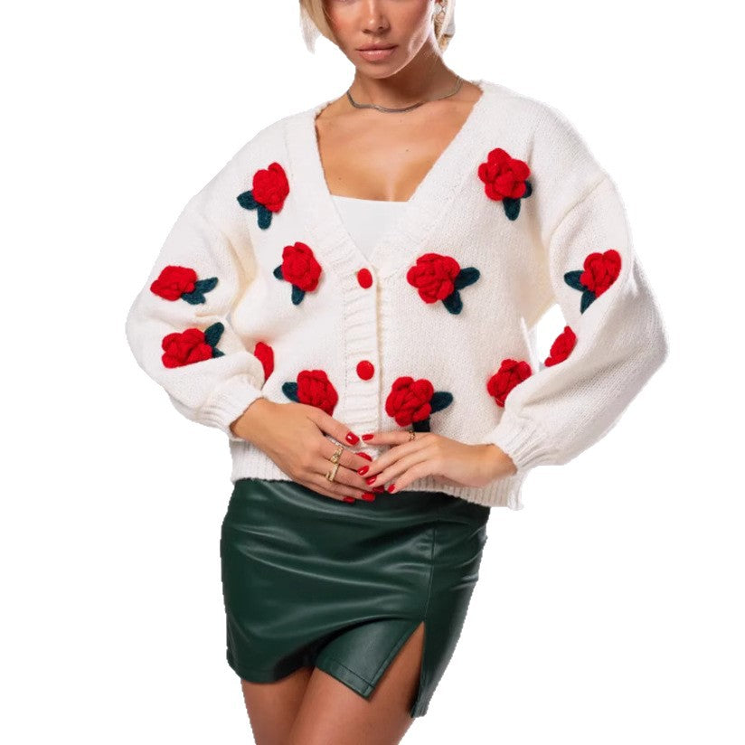 Damer Mysig Stickad Cardigan med Florala Applikationer och Oversized Snitt Eva Jonsson-Eva Jonsson