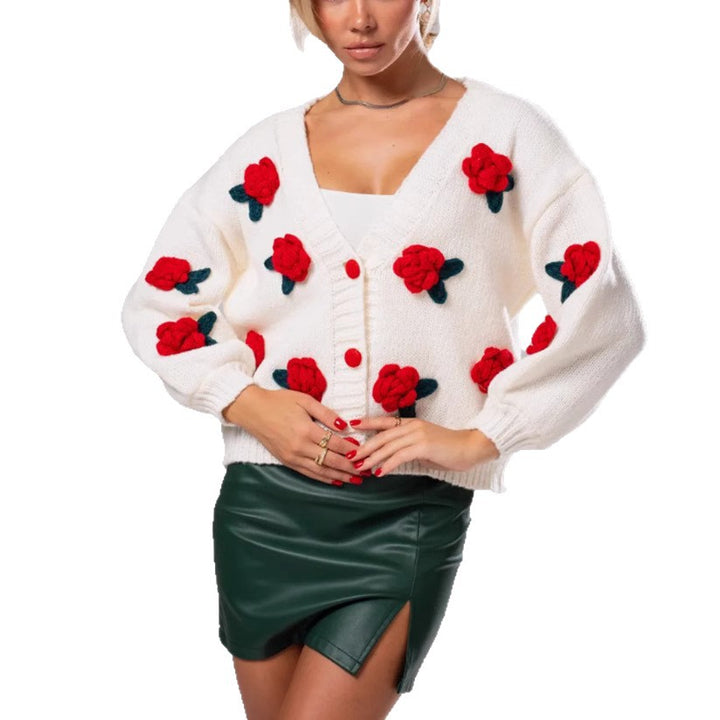 Damer Mysig Stickad Cardigan med Florala Applikationer och Oversized Snitt Eva Jonsson-Eva Jonsson