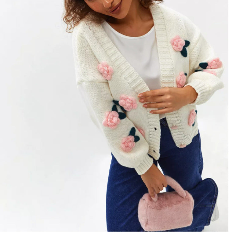 Damer Mysig Stickad Cardigan med Florala Applikationer och Oversized Snitt Eva Jonsson-Eva Jonsson