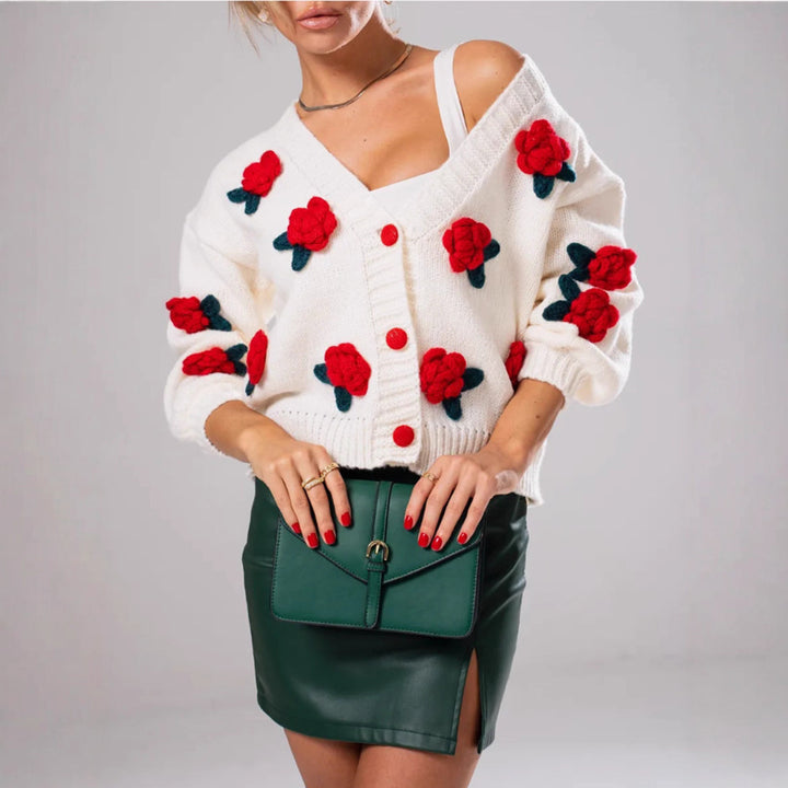 Damer Mysig Stickad Cardigan med Florala Applikationer och Oversized Snitt Eva Jonsson-Eva Jonsson