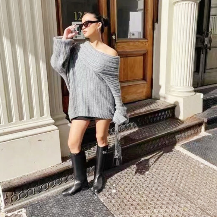 Damer Mysig Stickad Tröja med Trendigt Off-Shoulder Urringning Mirla-Eva Jonsson