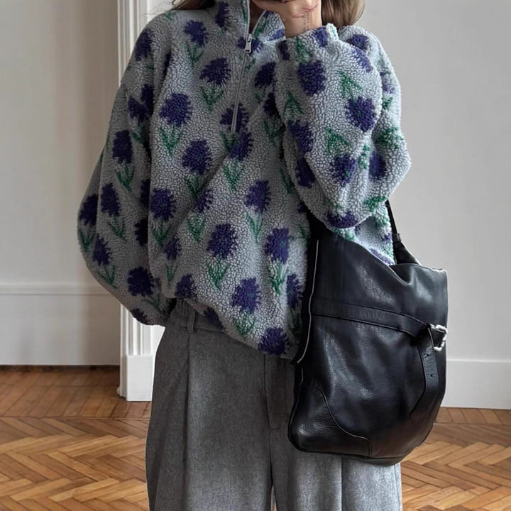 Damer Mysig fleece-tröja med blommigt mönster och halv dragkedja Mirla-Eva Jonsson