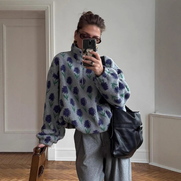 Damer Mysig fleece-tröja med blommigt mönster och halv dragkedja Mirla-Eva Jonsson
