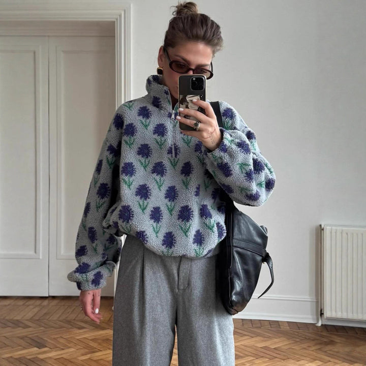 Damer Mysig fleece-tröja med blommigt mönster och halv dragkedja Mirla-Eva Jonsson