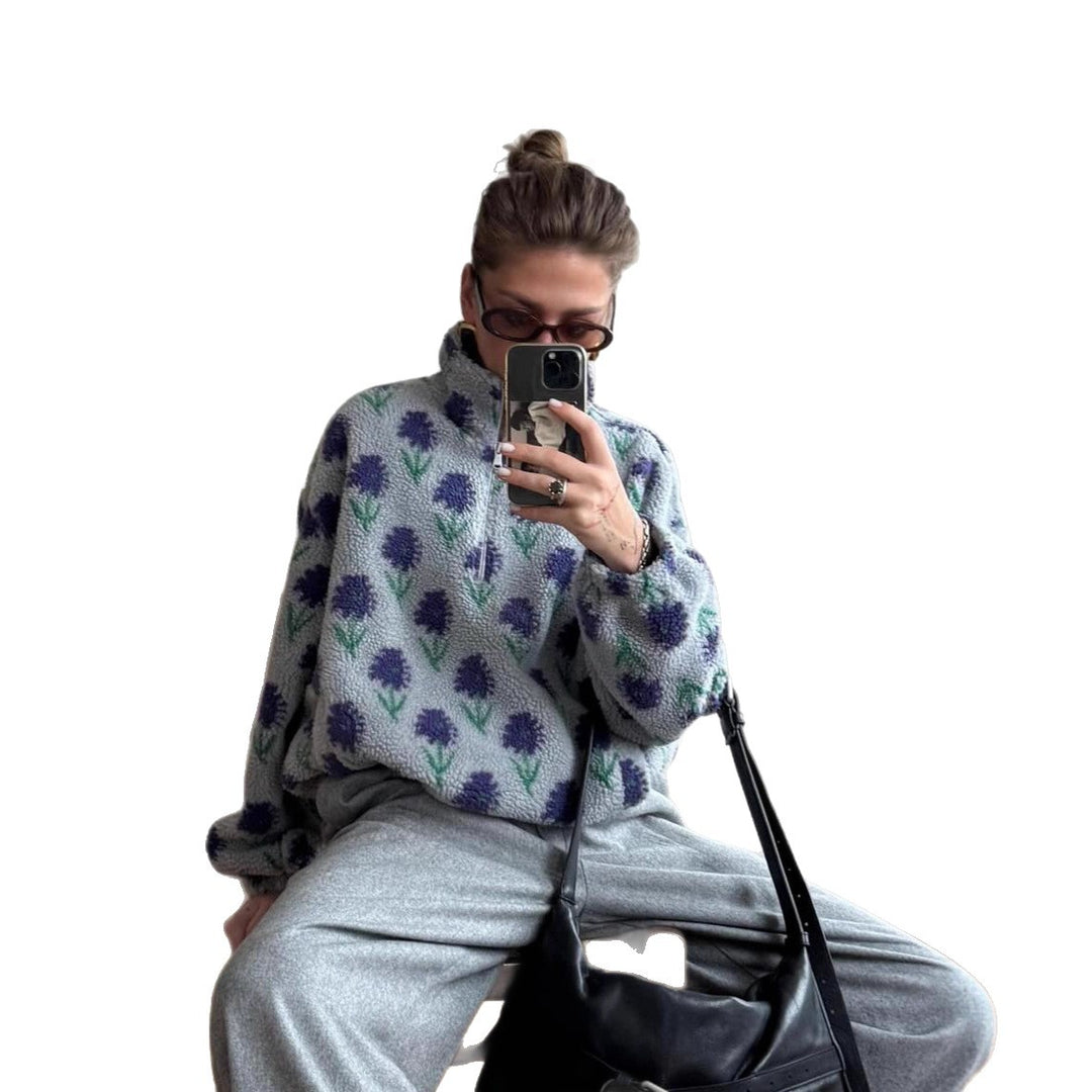 Damer Mysig fleece-tröja med blommigt mönster och halv dragkedja Mirla-Eva Jonsson