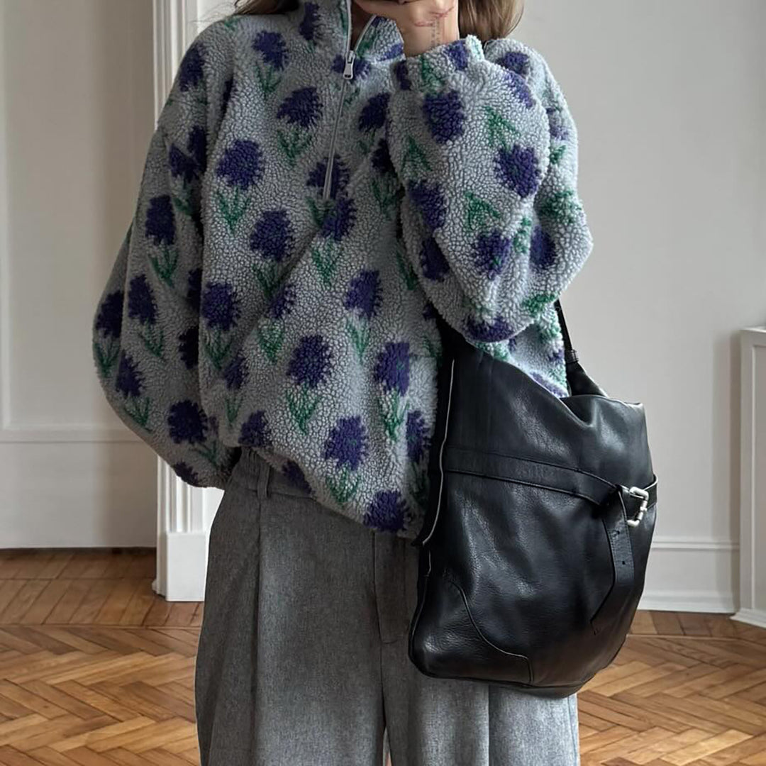 Damer Mysig fleece-tröja med blommigt mönster och halv dragkedja Mirla-Eva Jonsson