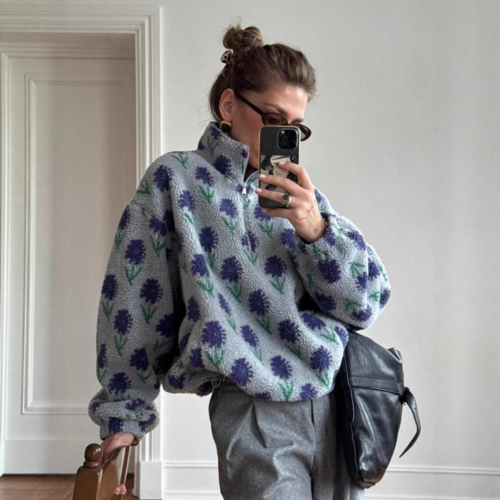 Damer Mysig fleece-tröja med blommigt mönster och halv dragkedja Mirla-Eva Jonsson