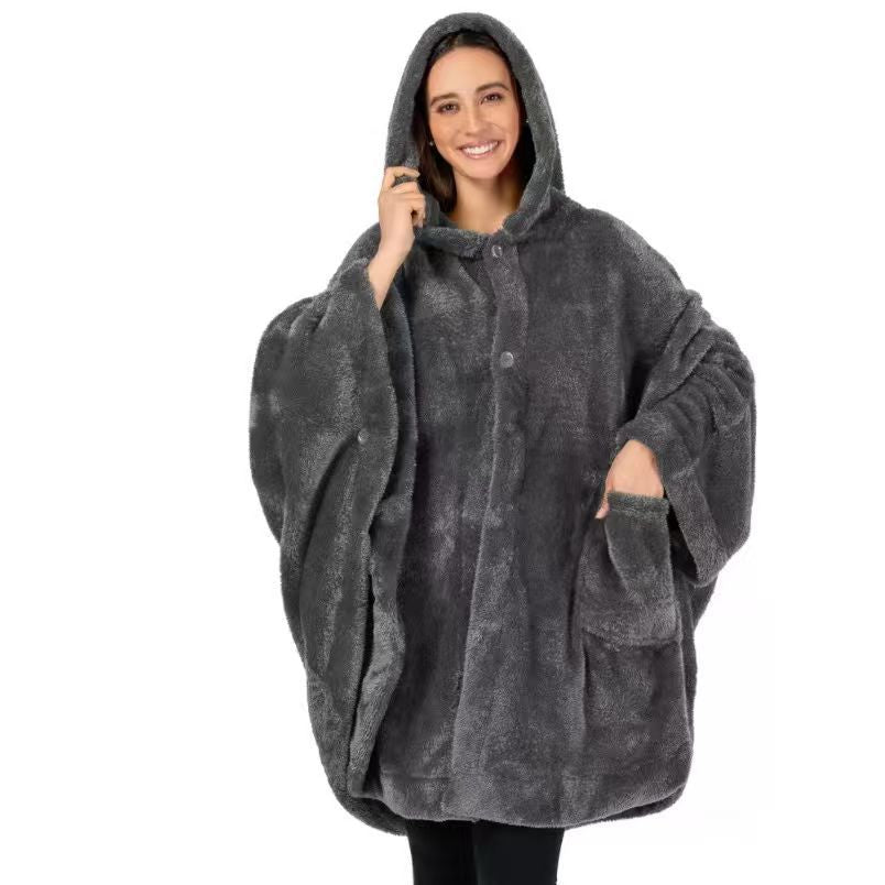 Damer Mysigt Fleece-Poncho med Huva och Praktiska Fickor Mirla-Eva Jonsson