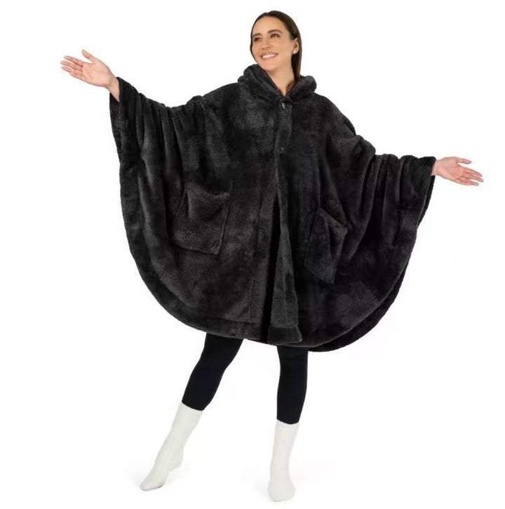 Damer Mysigt Fleece-Poncho med Huva och Praktiska Fickor Mirla-Eva Jonsson