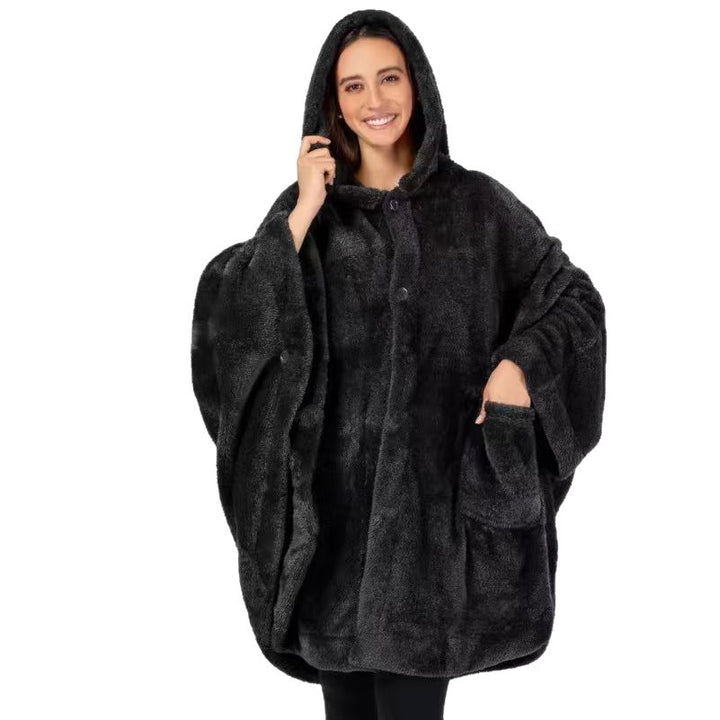Damer Mysigt Fleece-Poncho med Huva och Praktiska Fickor Mirla-Eva Jonsson