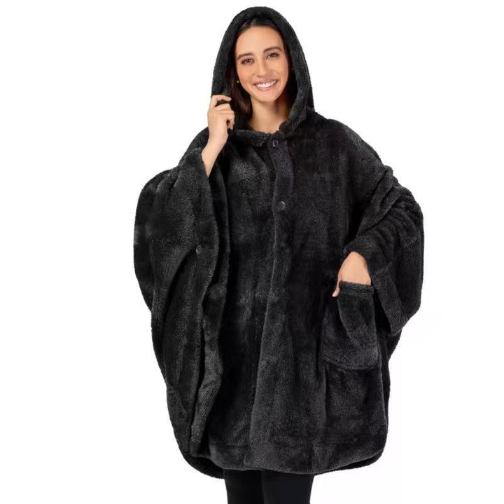 Damer Mysigt Fleece-Poncho med Huva och Praktiska Fickor Mirla-Eva Jonsson