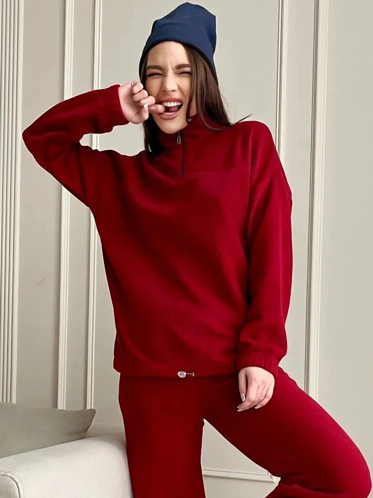 Damer Mysigt fleece-loungewear-set med halvvipp och elastiskt band Mirla-Eva Jonsson
