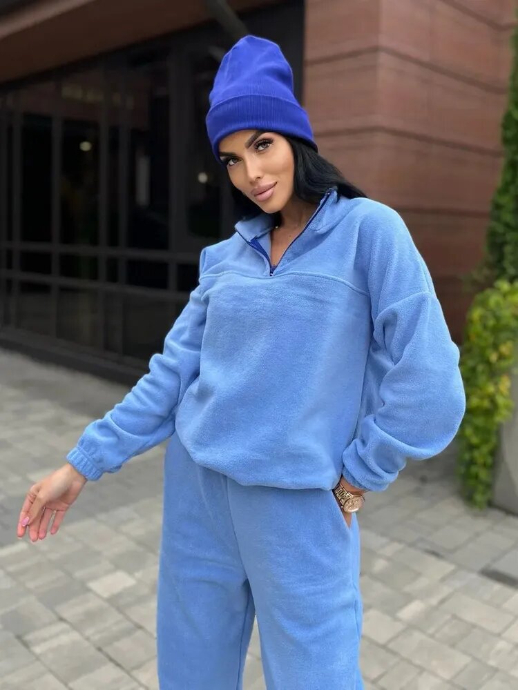 Damer Mysigt fleece-loungewear-set med halvvipp och elastiskt band Mirla-Eva Jonsson