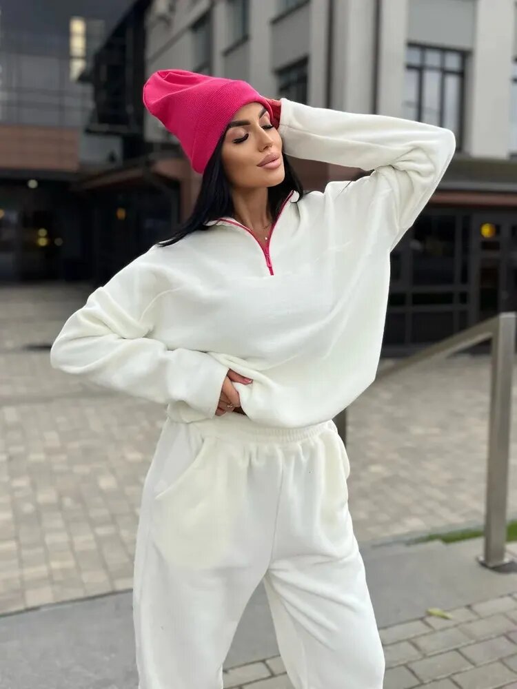 Damer Mysigt fleece-loungewear-set med halvvipp och elastiskt band Mirla-Eva Jonsson