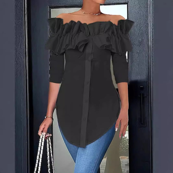 Damer Off-Shoulder Blus med Volanger och Knappslå Mirla-Eva Jonsson
