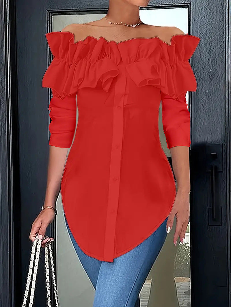 Damer Off-Shoulder Blus med Volanger och Knappslå Mirla-Eva Jonsson