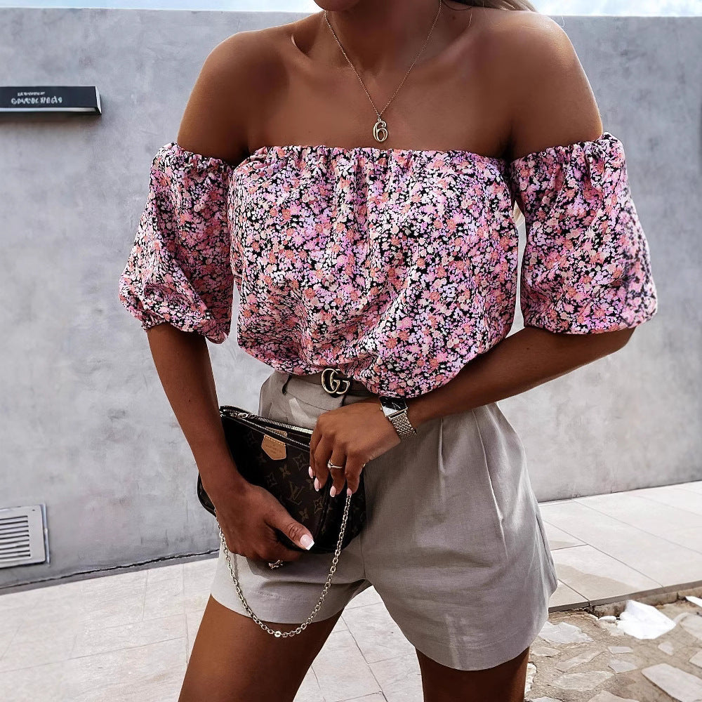 Damer Off-Shoulder Blus med Voluminösa Puffärmar och Blomster Mönster Mirla-Eva Jonsson