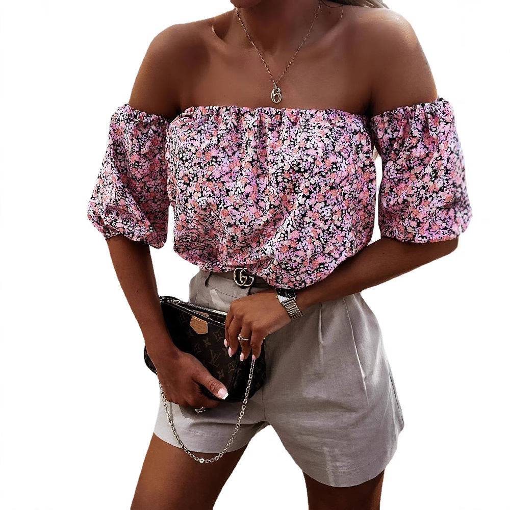 Damer Off-Shoulder Blus med Voluminösa Puffärmar och Blomster Mönster Mirla-Eva Jonsson