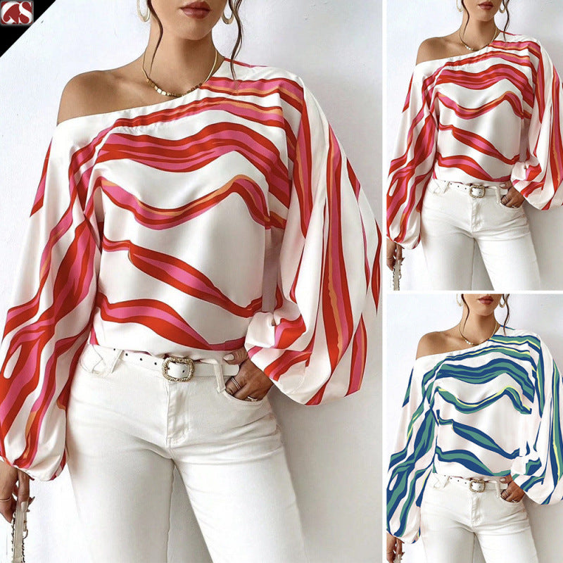 Damer Off-Shoulder Blus med konstnärligt mönster och voluminösa ärmar Mirla-Eva Jonsson
