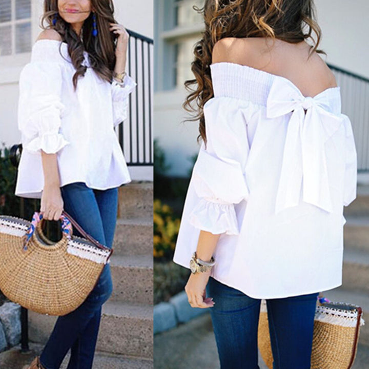 Damer Off-Shoulder Blus med puffärmar och slipsdetalj Mirla-Eva Jonsson