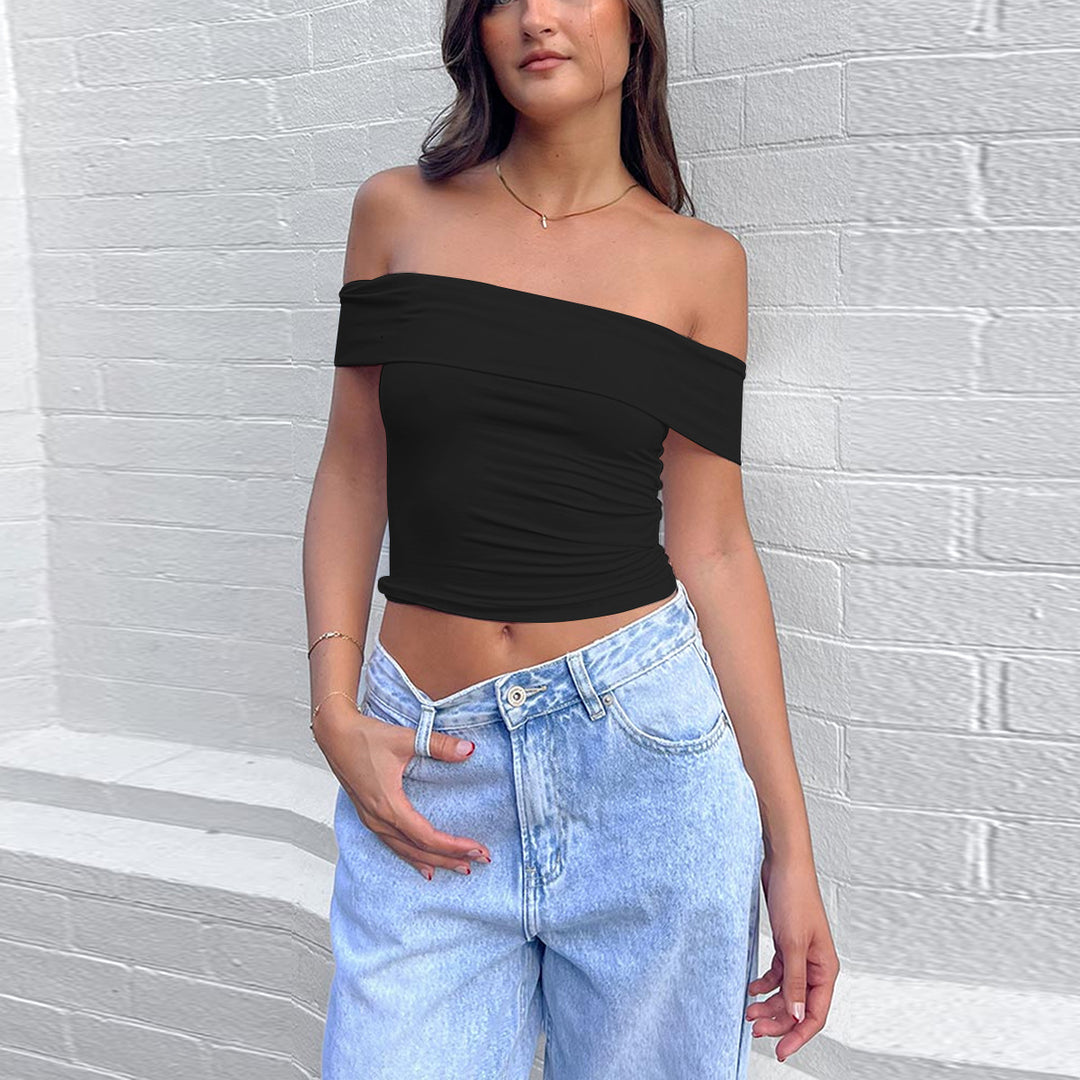Damer Off-Shoulder Crop-Top i elastiskt material med figursmickrande design Mirla-Eva Jonsson