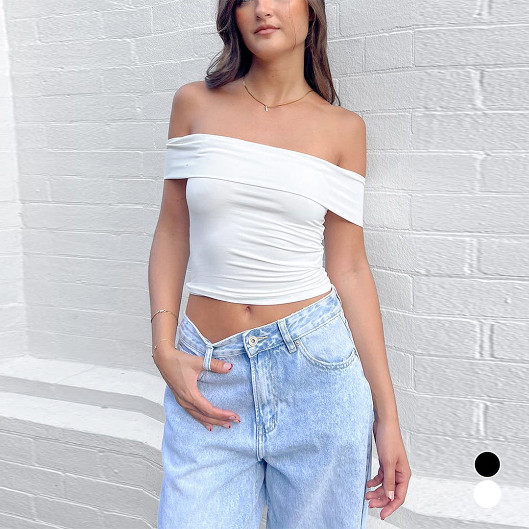 Damer Off-Shoulder Crop-Top i elastiskt material med figursmickrande design Mirla-Eva Jonsson