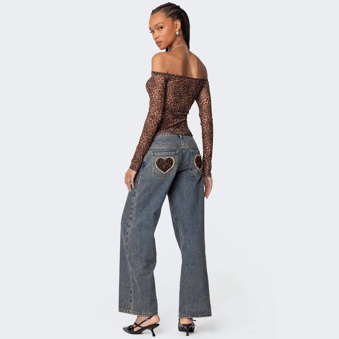 Damer Off-Shoulder Långärmad tröja med leopardmönster Mirla-Eva Jonsson