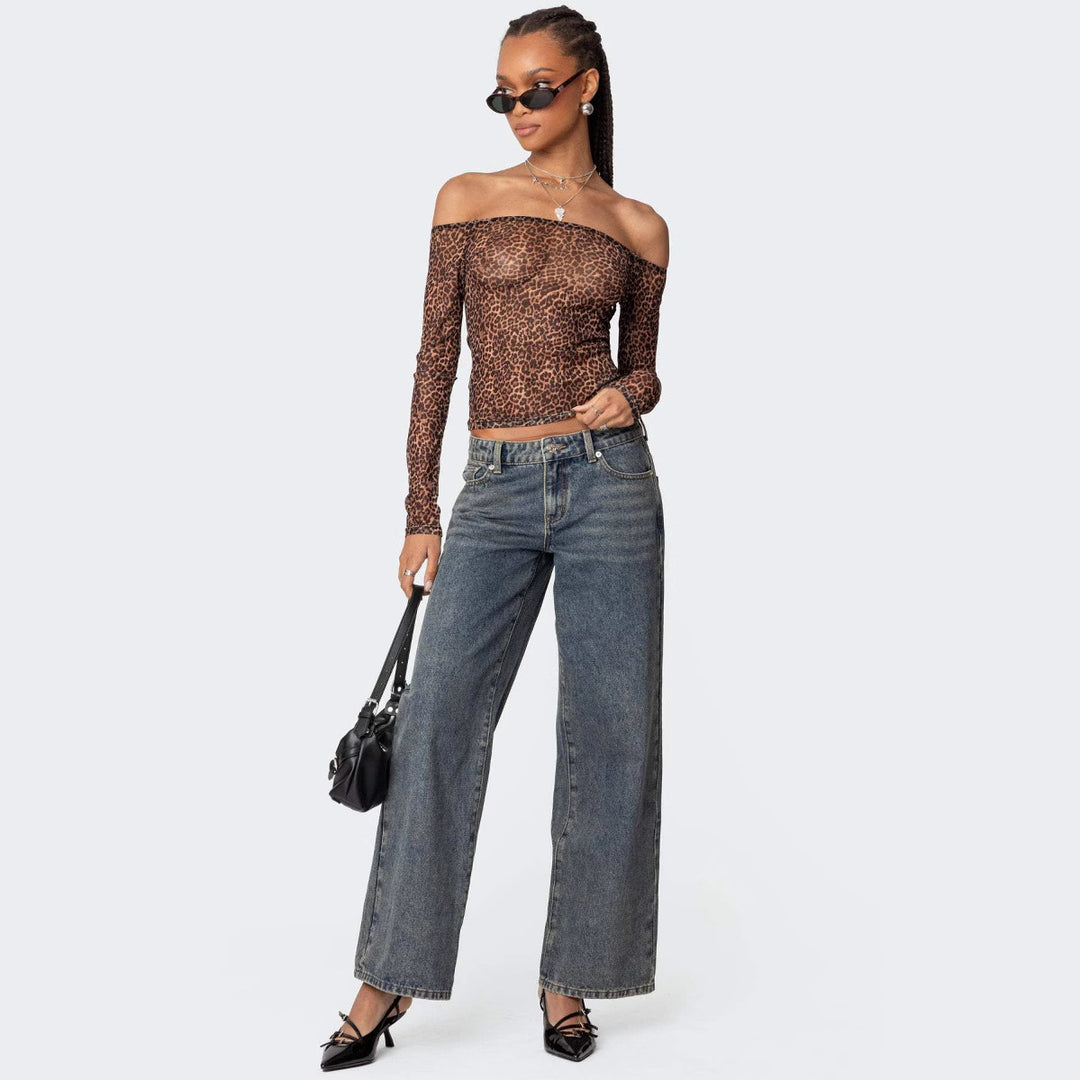 Damer Off-Shoulder Långärmad tröja med leopardmönster Mirla-Eva Jonsson