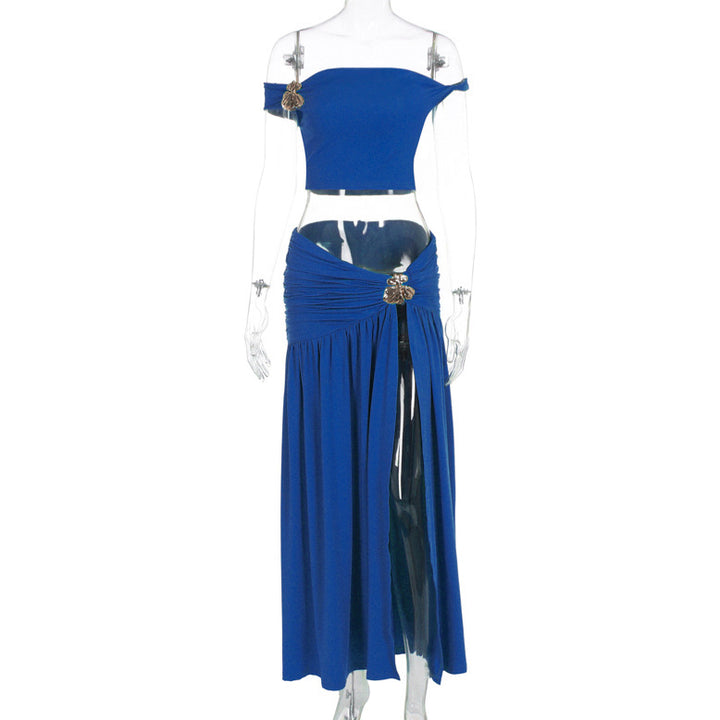 Damer Off-Shoulder Maxikjol med figurnära Crop-Top och lekfull detalj Mirla-Eva Jonsson