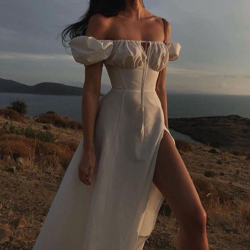 Damer Off-Shoulder Maxiklänning med Smickrande Slits och Elastisk Överdel Mirla-Eva Jonsson