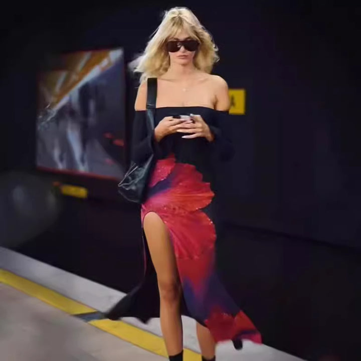 Damer Off-Shoulder Maxiklänning med blommönster och hög slits Eva Jonsson-Eva Jonsson