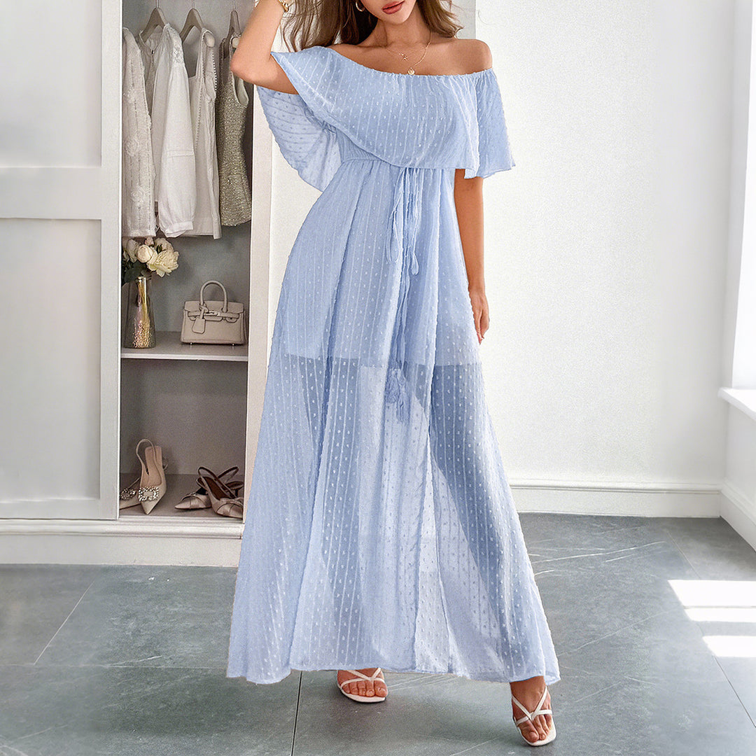 Damer Off-Shoulder Maxiklänning med fint prickmönster och midjebindning Mirla-Eva Jonsson