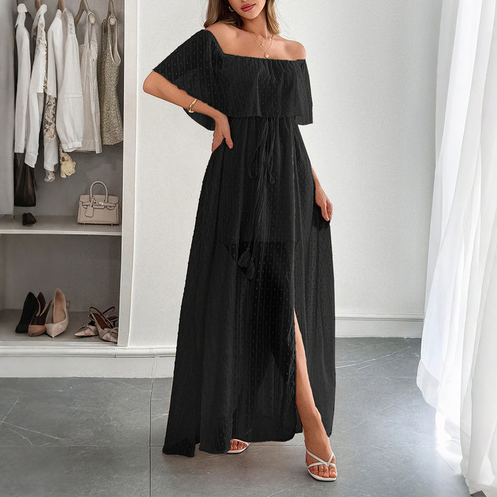 Damer Off-Shoulder Maxiklänning med fint prickmönster och midjebindning Mirla-Eva Jonsson
