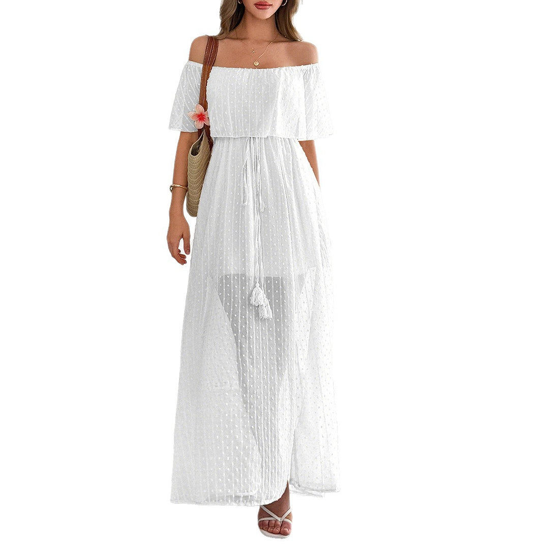 Damer Off-Shoulder Maxiklänning med fint prickmönster och midjebindning Mirla-Eva Jonsson
