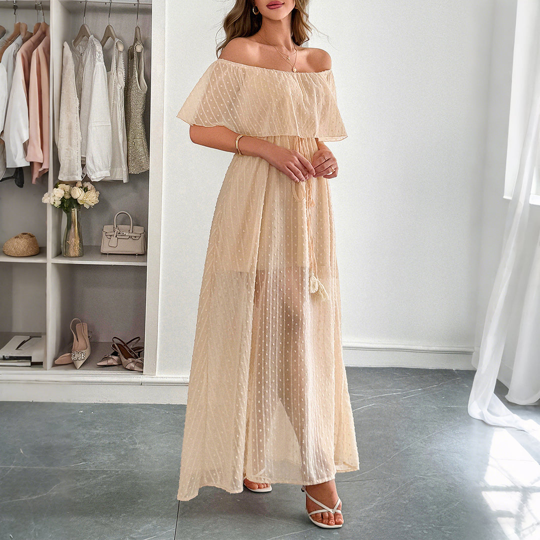Damer Off-Shoulder Maxiklänning med fint prickmönster och midjebindning Mirla-Eva Jonsson