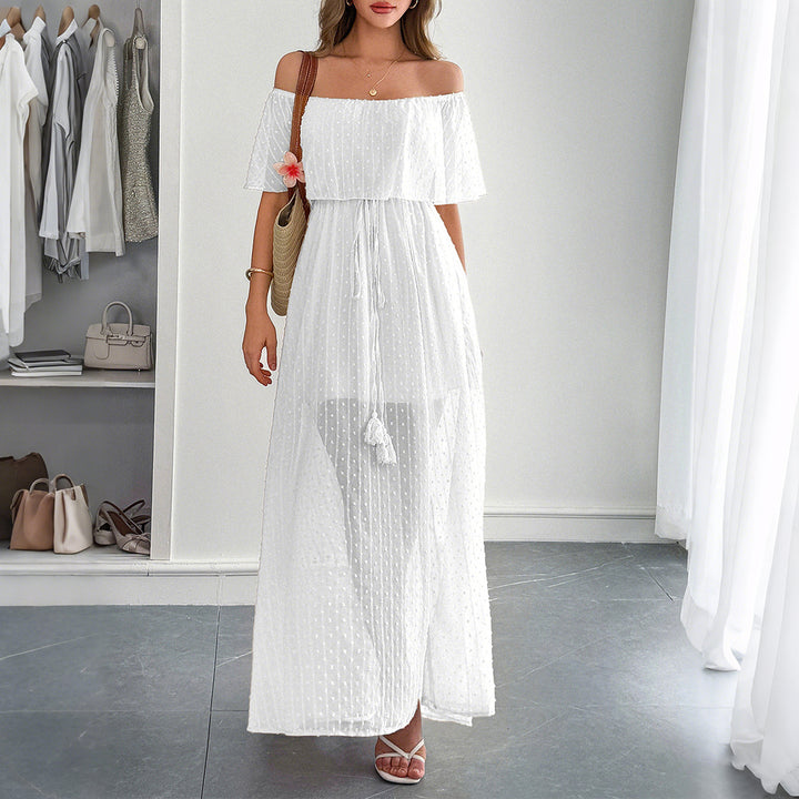 Damer Off-Shoulder Maxiklänning med fint prickmönster och midjebindning Mirla-Eva Jonsson
