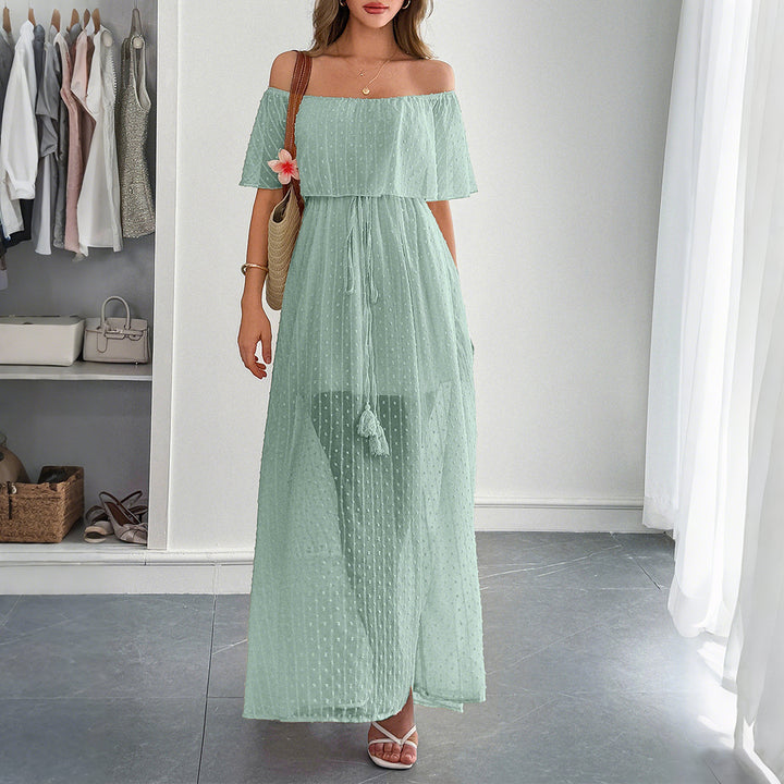 Damer Off-Shoulder Maxiklänning med fint prickmönster och midjebindning Mirla-Eva Jonsson